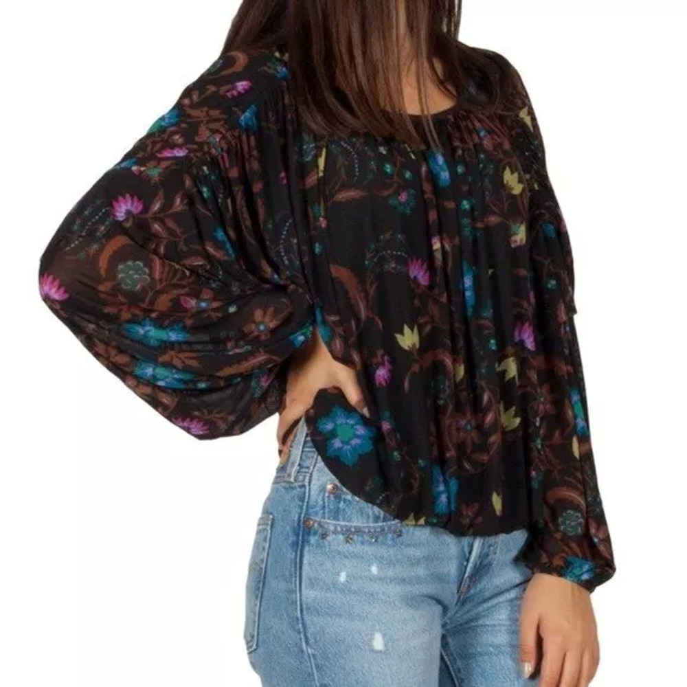 Free People Wildflower Honey Printed Blouse Black Multi Mesh Crop Top Small - Picture 1 of 15